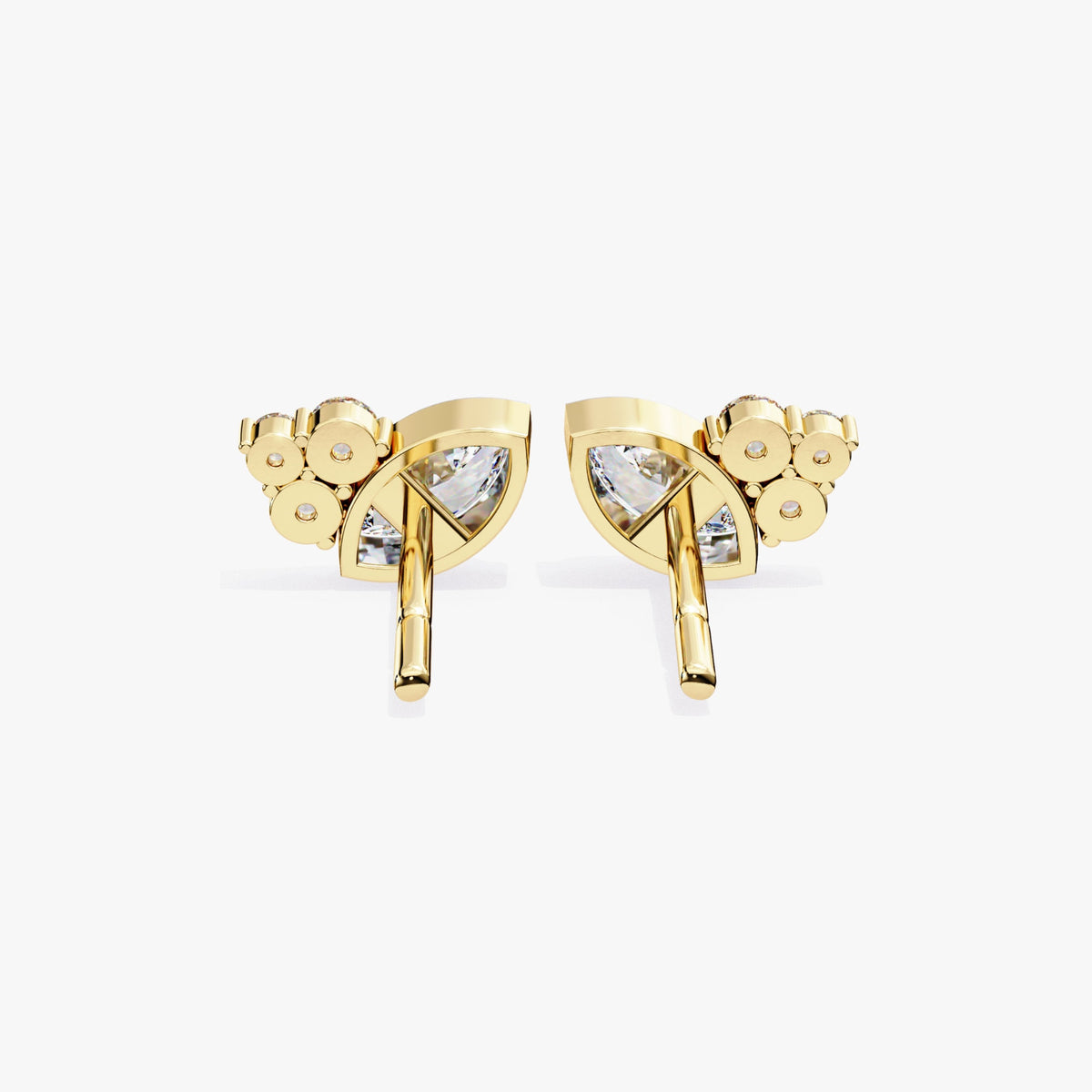 Back view of the yellow gold earrings showing the marquise and round diamond arrangement from behind.