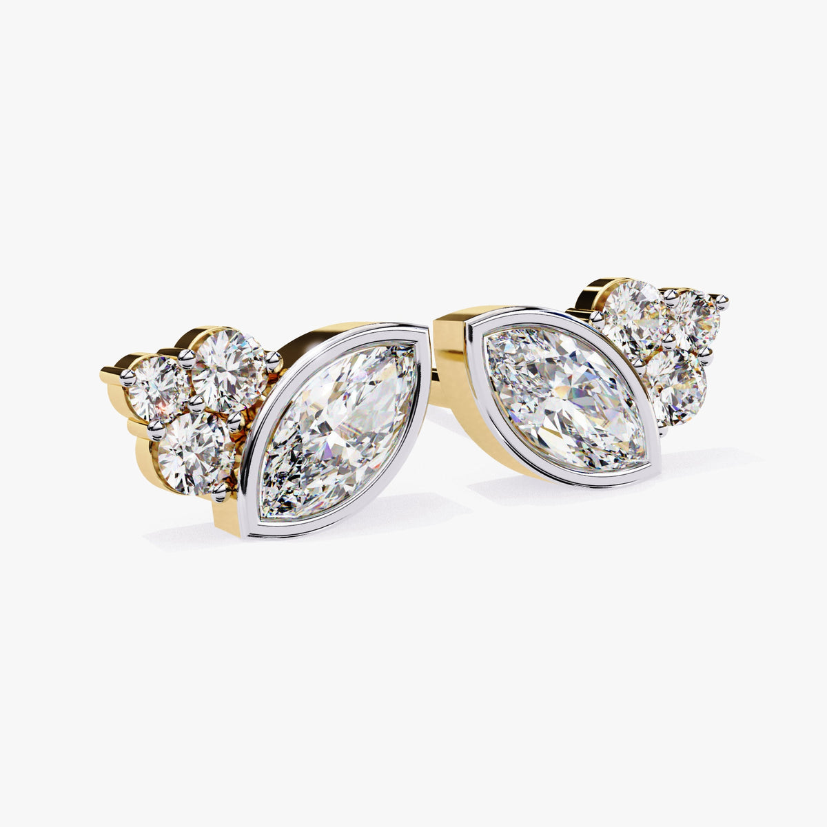Front view of the earrings in yellow gold, featuring a marquise diamond with three smaller round diamonds set in a row on one side. The marquise takes a form of leaf shape