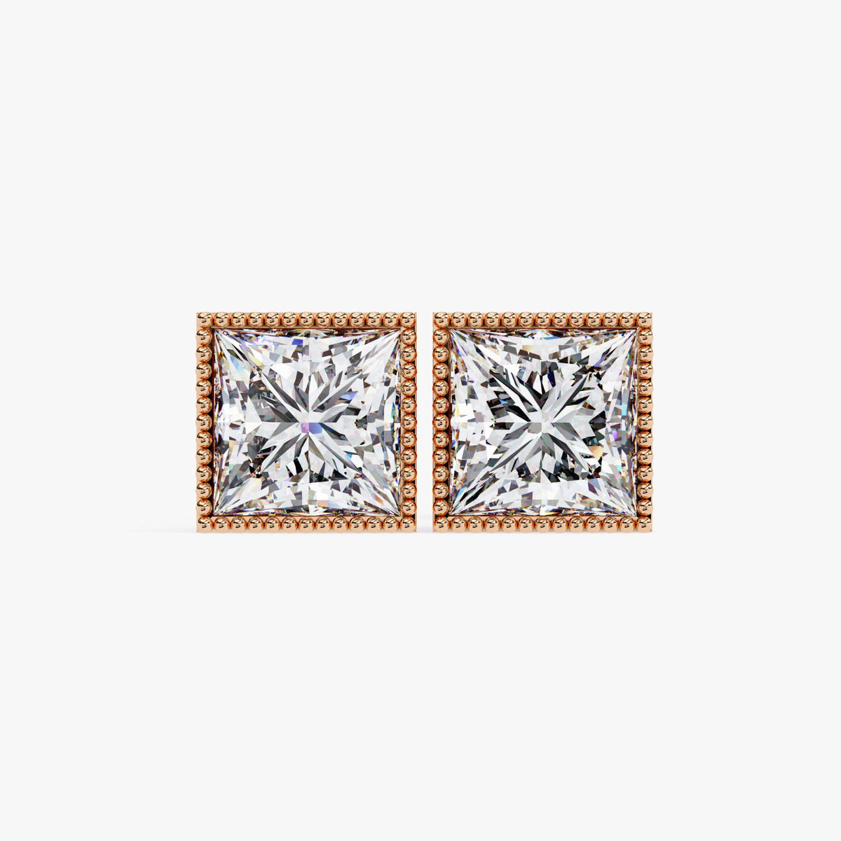 Princess Cut Lab Grown Diamond Stud Earrings, 14K Gold Milgrain Bezel Studs, Art Deco Diamond Earrings, Mothers Day Gift