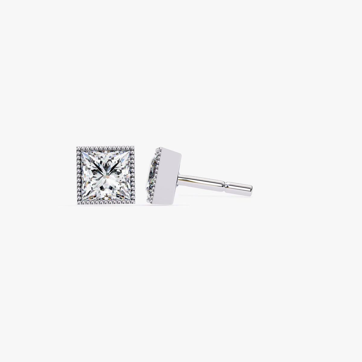 Princess Cut Natural Diamond Stud Earring, 14k Gold Square Diamond Studs, April Birthstone Birthday Gift for Her, Dainty Earrings, Miligrain