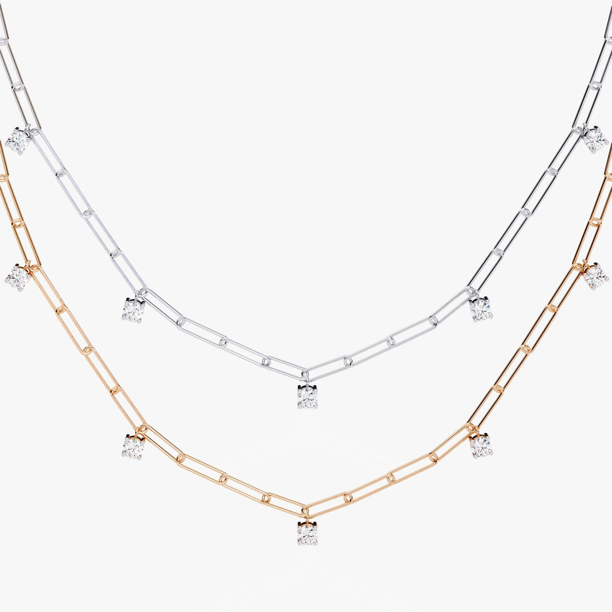 Diamond Link Chain Necklace Lab Grown Diamond Paperclip Necklace 14K Solid Gold Everyday Layering Gift Floating Diamonds Station Necklace