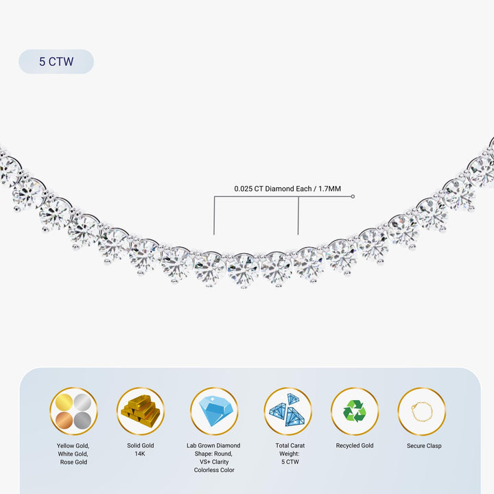 14K Gold Round Lab Grown Diamond Tennis Necklace, 5 CTW