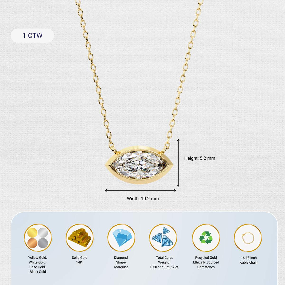 Marquise Cut Solitaire Pendant Necklace / Marquise Cut Lab Grown Diamond Necklaces for Women / 14K Solid Gold / Bridal Jewelry