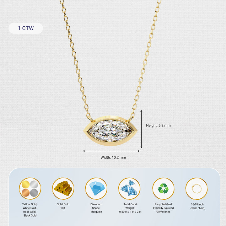 Marquise Cut Solitaire Pendant Necklace / Marquise Cut Lab Grown Diamond Necklaces for Women / 14K Solid Gold / Bridal Jewelry