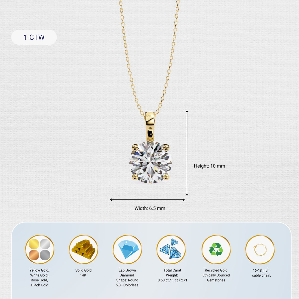 14K Gold Round Lab Grown Diamond Solitaire Necklace, 0.50 CTW - 2 CTW, 16-18 Inch