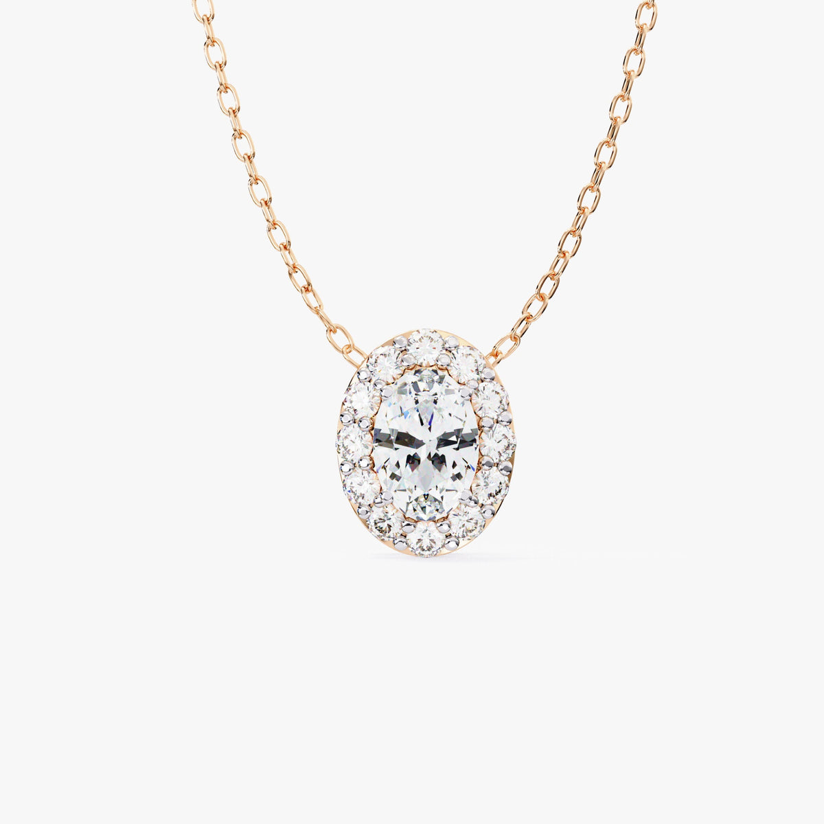 Oval Halo Diamond Pendant Necklace in 14K Gold, Lab Grown Oval Cut Diamond Necklace, Dainty Halo Pendant Gift for Her