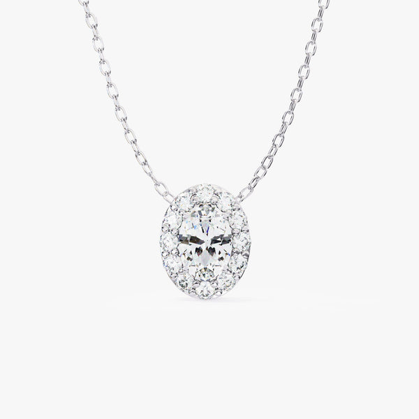 14K Gold Oval Natural Diamond Halo Pendant Necklace, 0.70 CTW, 16-18 Inch