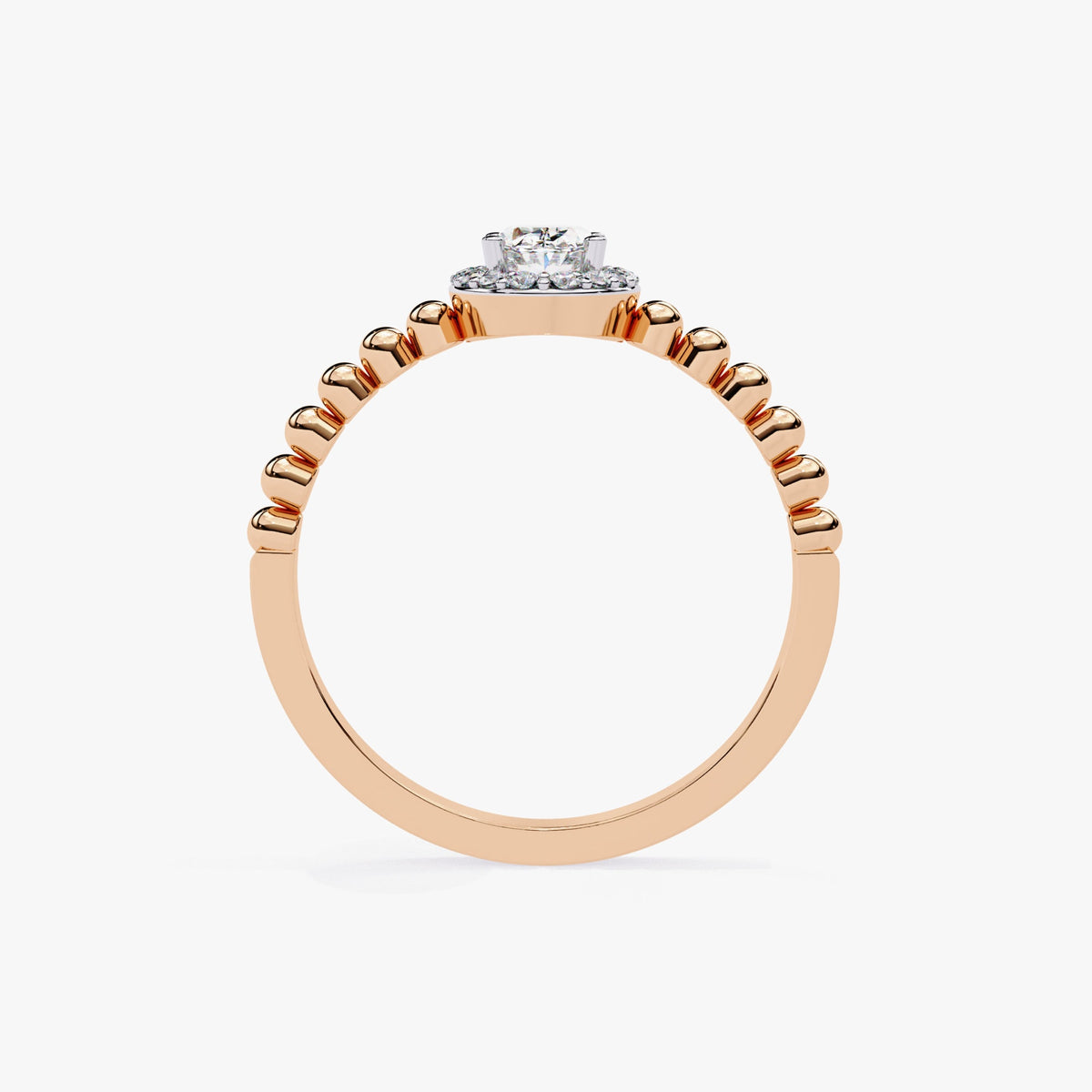 0.50 Ctw Oval Natural Diamond Ring, Bead Band Halo Engagement Ring, 14k Gold Prong Setting, Fine Diamond Solitaire Half Eternity Band Ring