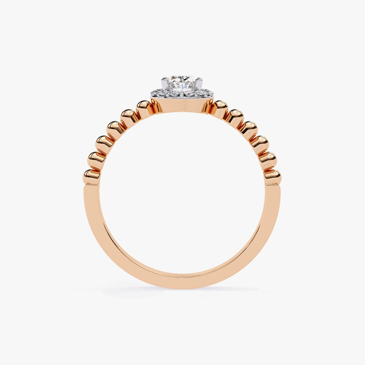 0.50 Ctw Oval Lab Grown Diamond Ring, Bead Band Halo Engagement Ring, 14k Gold Prong Setting, Fine Diamond Solitaire Half Eternity Band Ring