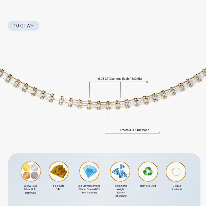 10ct Tennis Necklace Emerald Cut Diamond Tennis Necklace 14K Solid Gold Diamond Tennis Necklace Lab Grown Diamond Gold Tennis Chain Gift