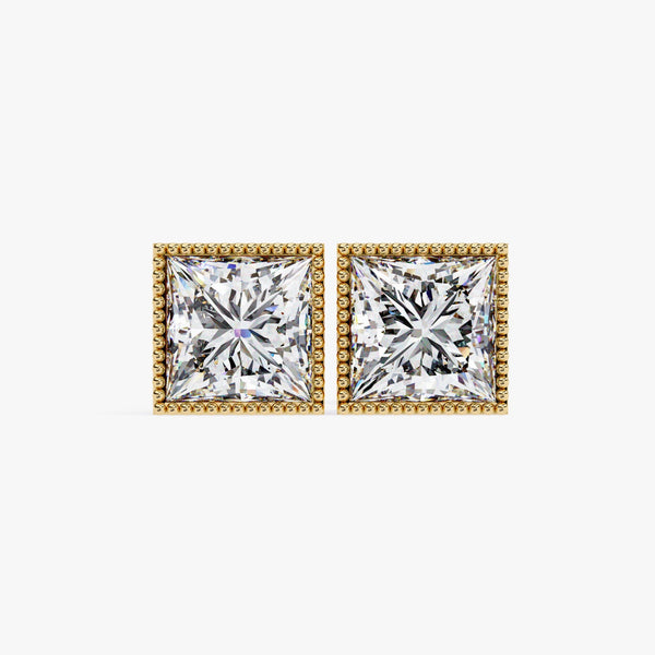 Princess Cut Lab Grown Diamond Stud Earrings, 14K Gold Milgrain Bezel Studs, Art Deco Diamond Earrings, Mothers Day Gift