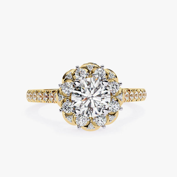 Unique Vintage Style Floral Diamond Halo Engagement Ring Lab Grown Diamond Ring Eco-Friendly Round Diamond Ring Flower Engagement Ring