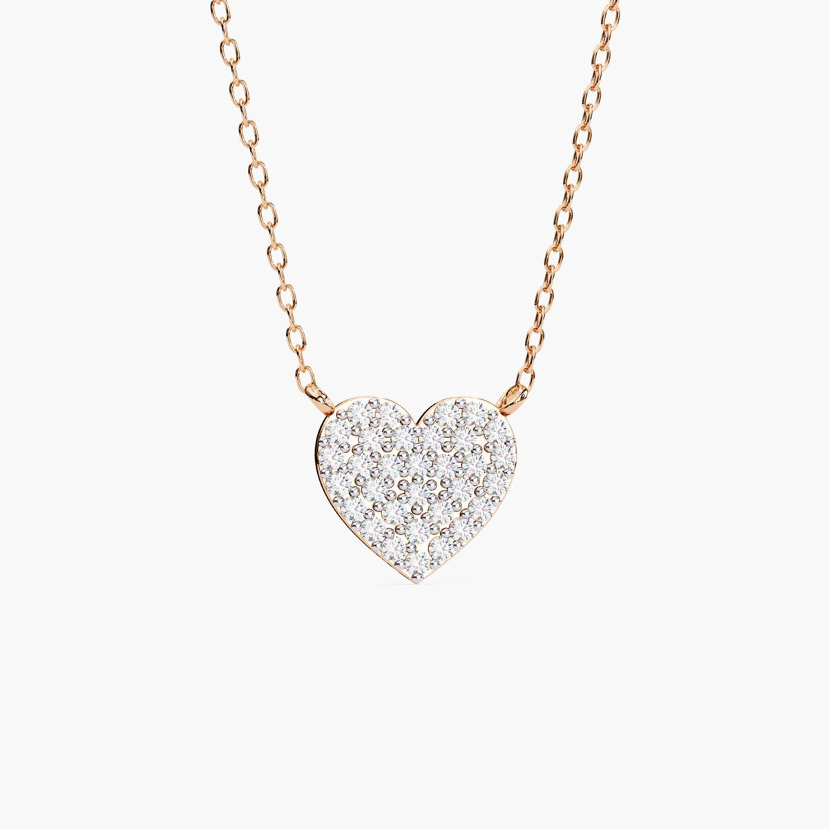 Front view of a pavé heart necklace in 14k rose gold, featuring a heart-shaped pendant set with round lab-grown diamonds and suspended from a fine cable chain.