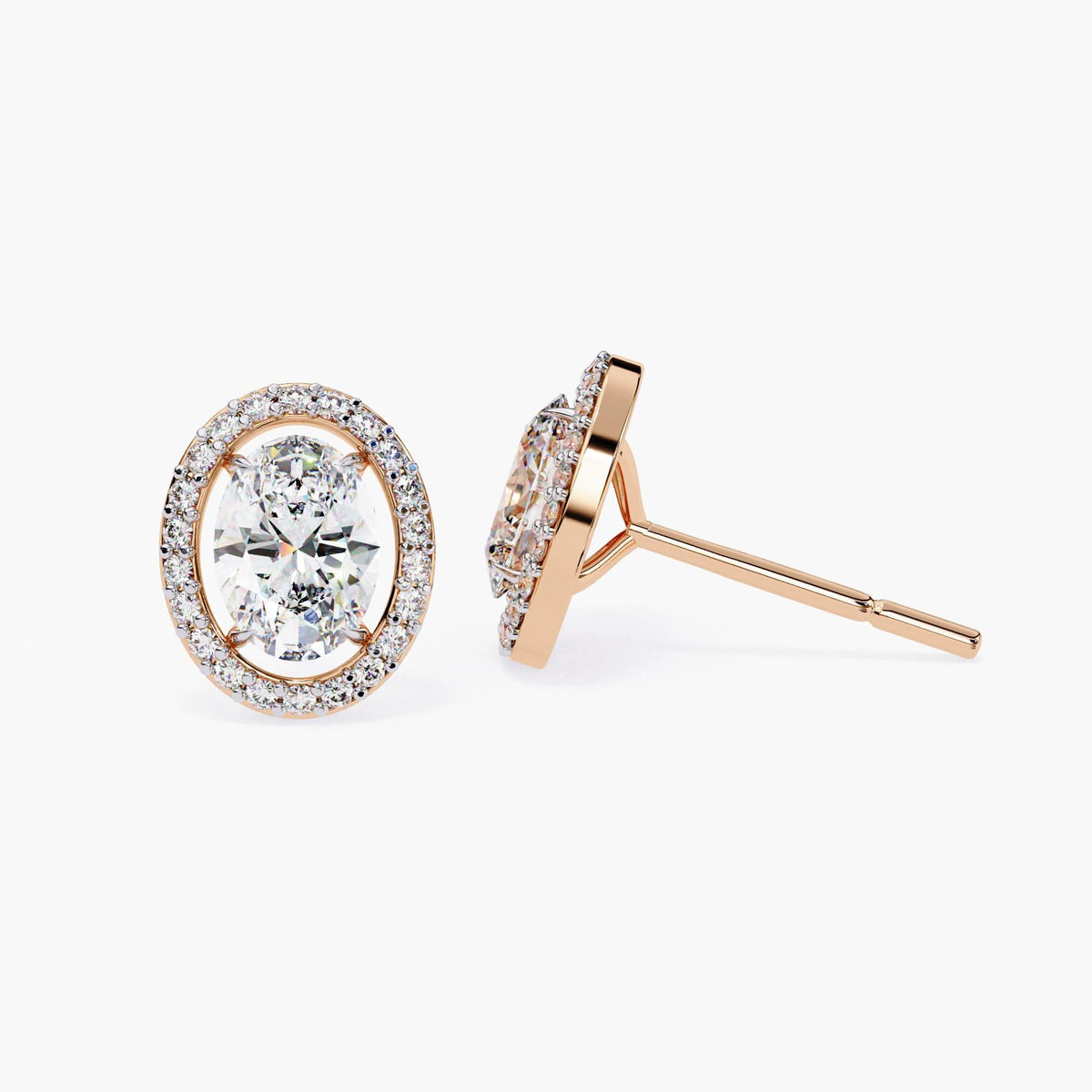 14k rose gold oval halo stud earrings shown from the front and side, featuring lab-grown center diamonds with a floating halo of round diamonds and visible post.