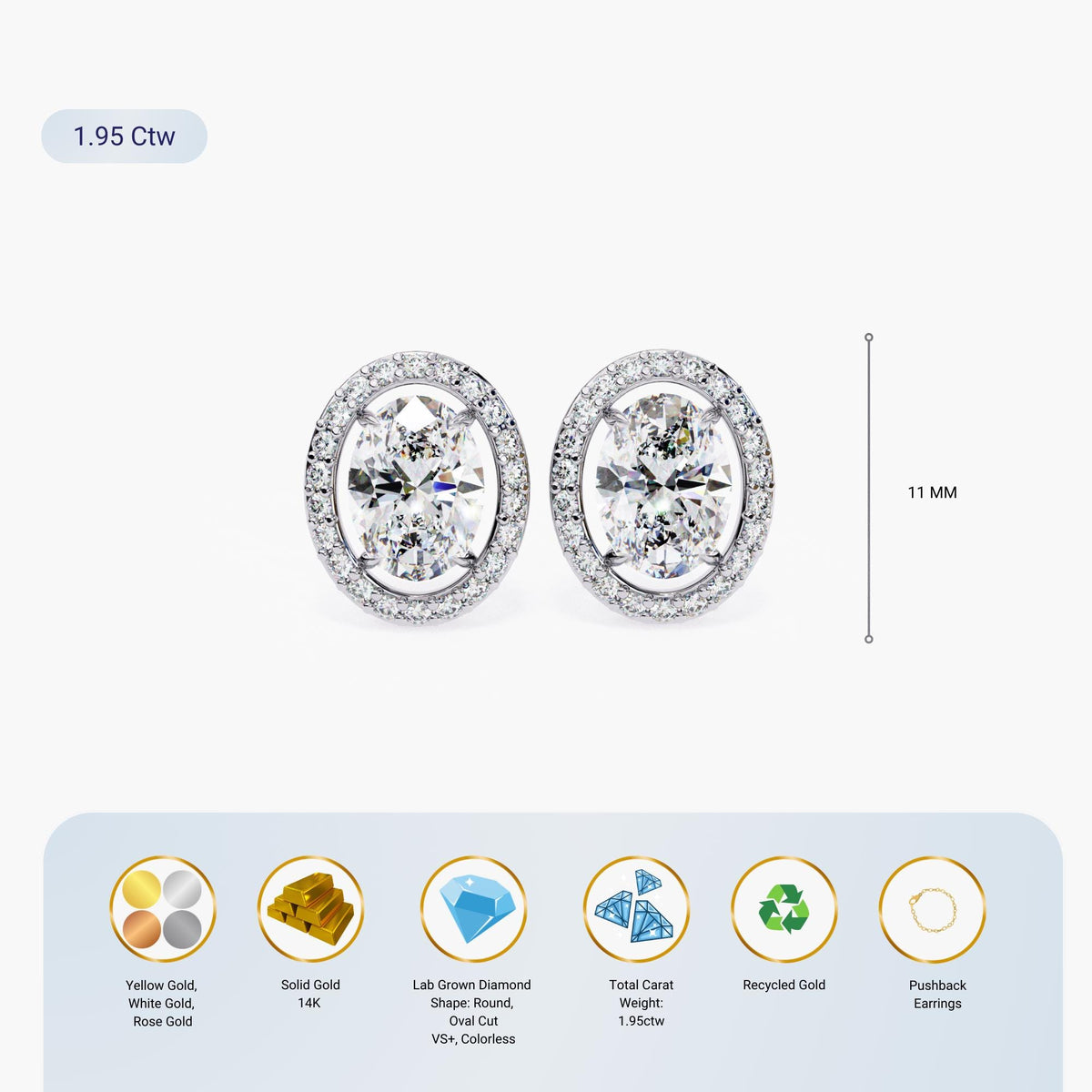 14k white gold oval halo stud earrings shown with measurements and features, including 11mm height, 1.95ctw lab-grown diamonds, and pushback closure.