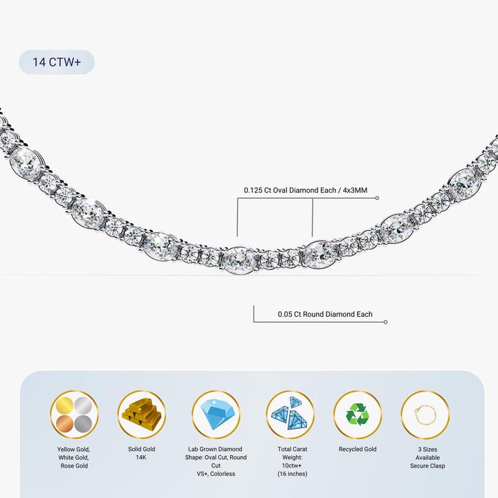 Diamond Tennis Chain Necklace Unique Statement Oval Round Diamond Tennis Necklace Lab Grown Diamond Chain 14K Solid Gold Anniversary Gift