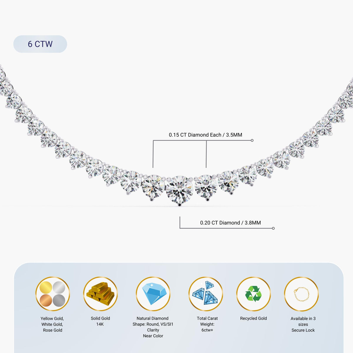 5 CTW Natural Diamond Graduated Tennis Necklace Half Way Riviera Choker 14K Solid Gold