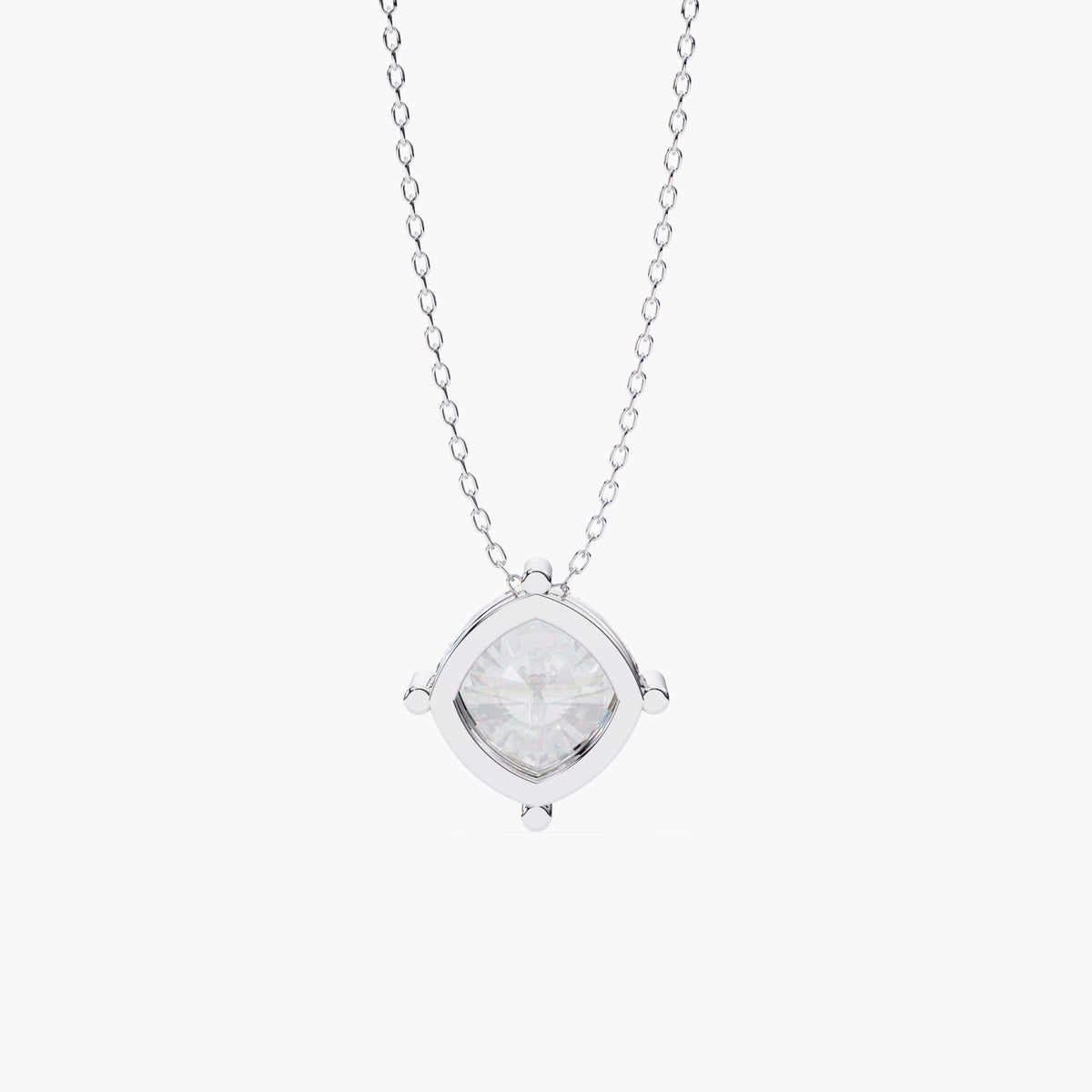 Back view of a cushion cut lab-grown diamond pendant set in a 14k white gold four-prong setting, showing the open gallery and polished finish.