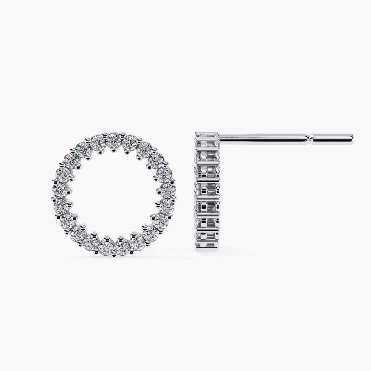 14k white gold open circle studs with round lab-grown diamonds, front and side view.
