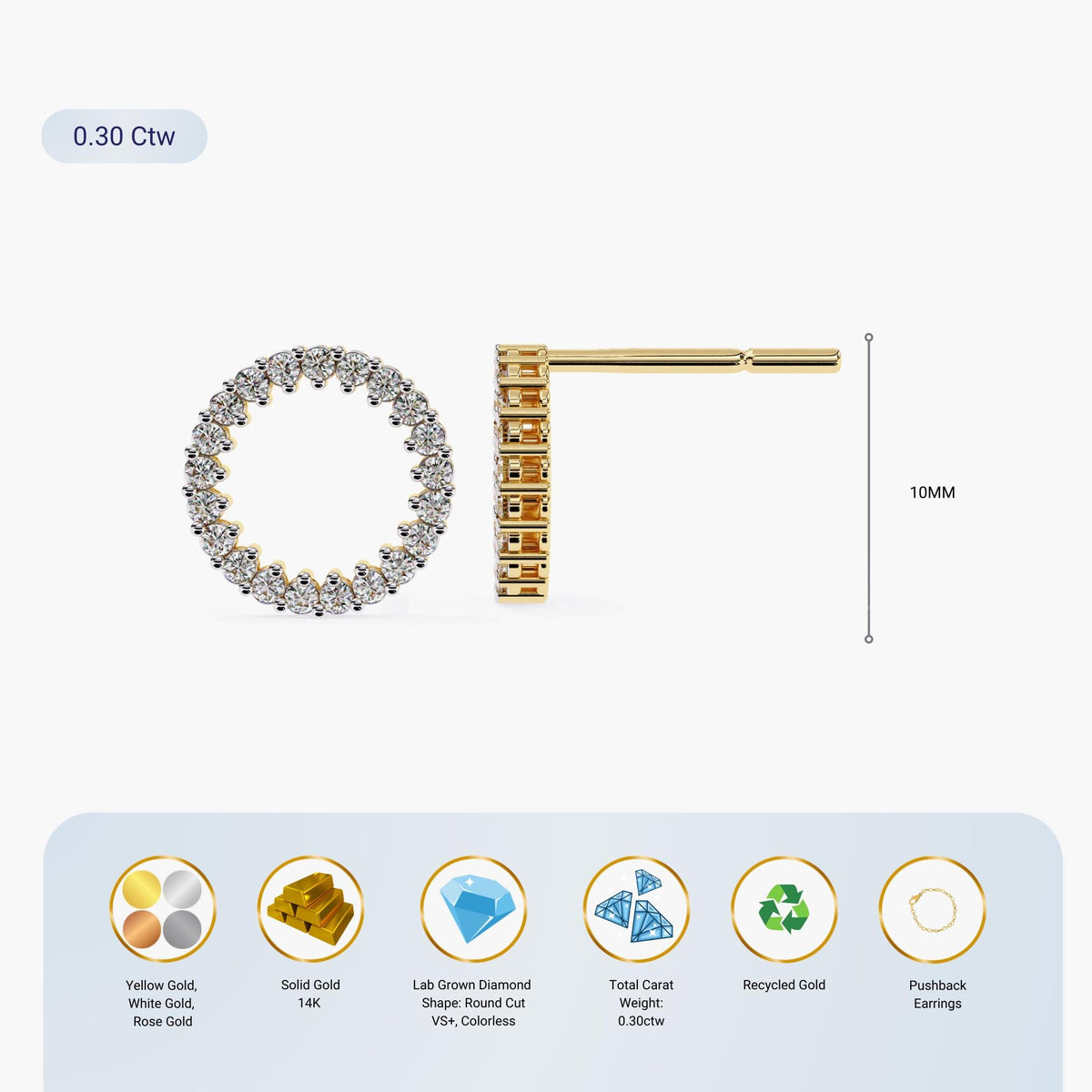 Open circle diamond stud earrings with size dimensions and product features.