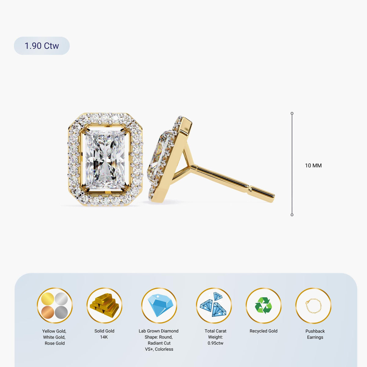 Emerald Round Cut Cluster Lab Grown Diamond Stud Earrings, Elegant 14k Gold Diamond Earrings for Women, Perfect Gift for Her, Grandma Studs