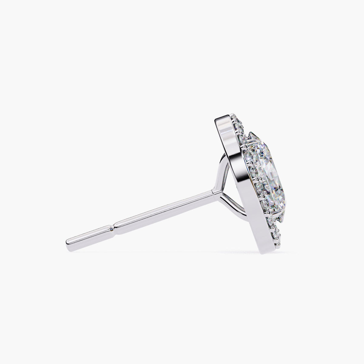 Side profile of a 14k white gold oval halo stud earring with a visible prong-set lab-grown center diamond and round diamonds floating in the halo, highlighting the post length.