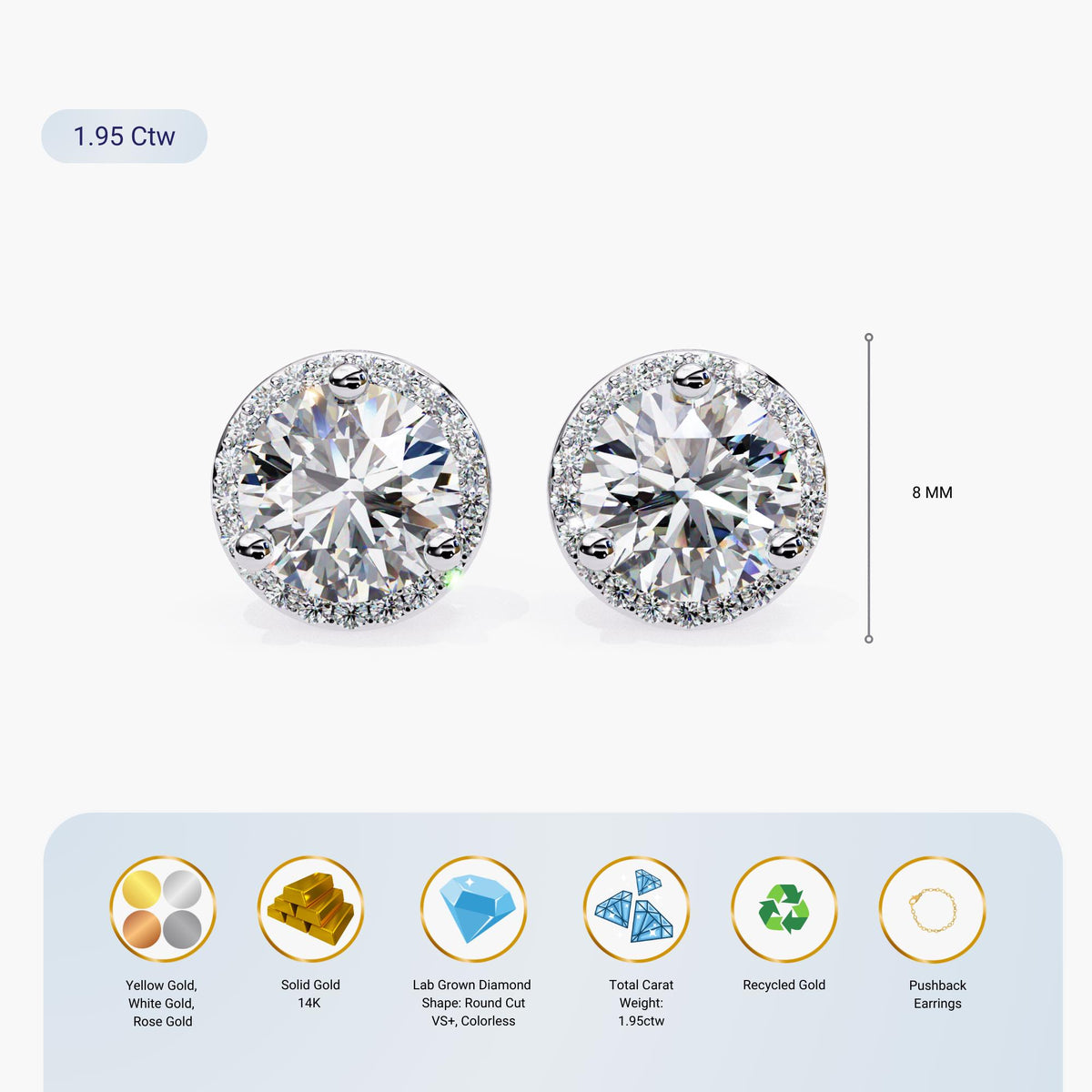 Round Cut Cluster Lab Grown Diamond Stud Earrings, Elegant 14k Gold Diamond Earrings for Women, Perfect Gift for Her, Circle Diamond Studs