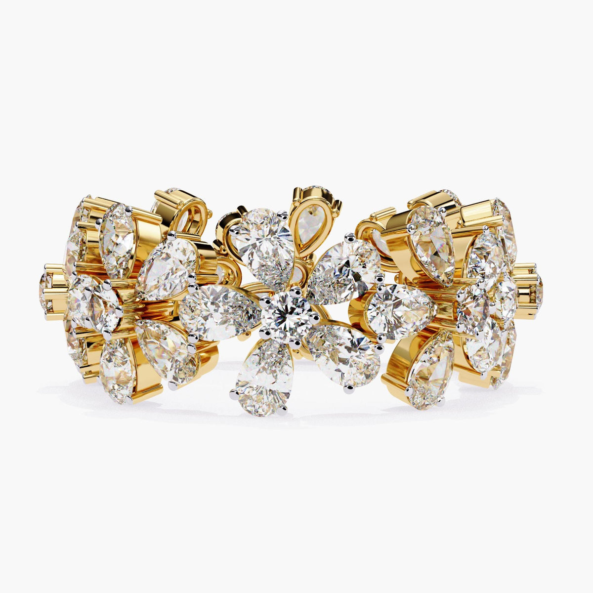 Front view of 14k yellow gold daisy floral cluster eternity ring featuring lab grown diamonds in pear and round cuts. The full eternity band showcases a flower-inspired design with prong settings, perfect as a wedding band or nature-themed statement ring.