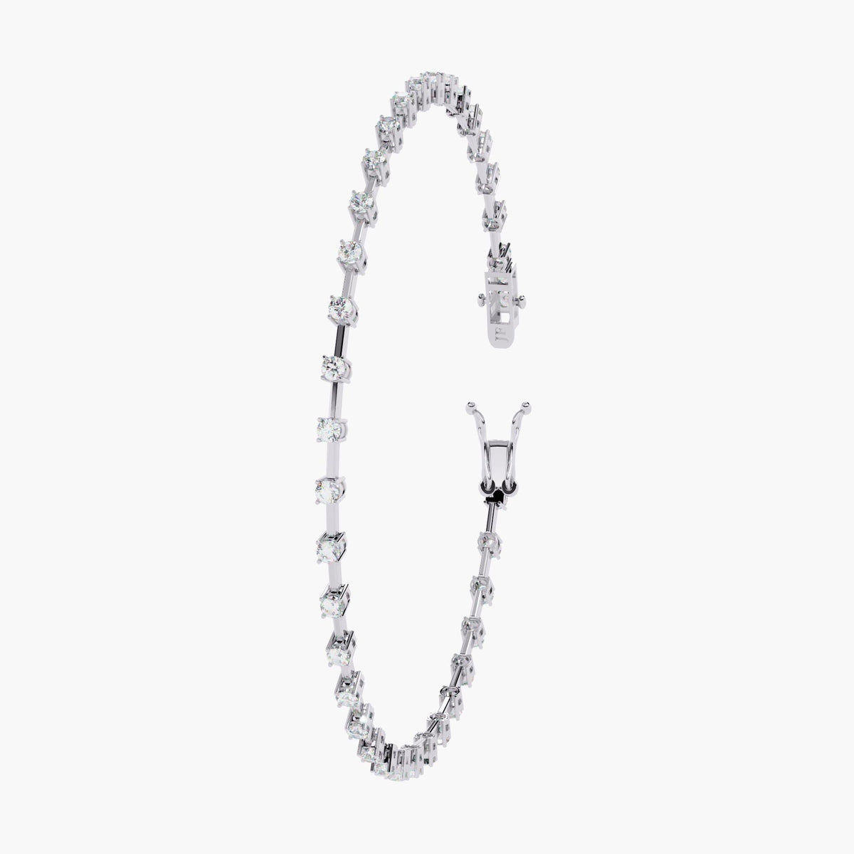 Angled top view of a 14K white gold tennis bracelet with floating round diamonds in a bar setting. The open clasp highlights the secure locking mechanism, while the graceful oval form showcases the bracelet’s flexibility and lightweight design. Ideal for everyday luxury or special occasion gifting like anniversaries or graduations.