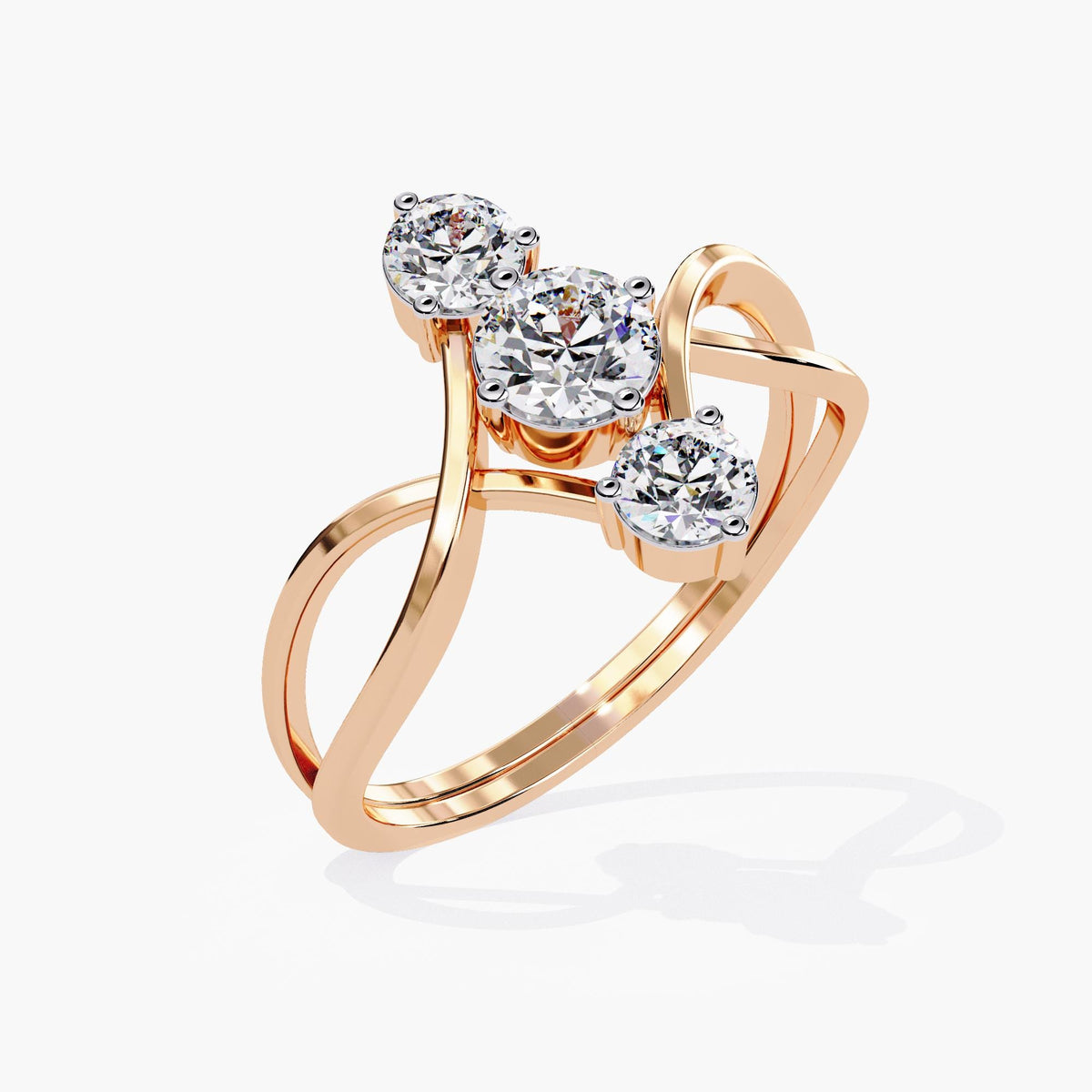 A rose gold ring with three diamonds in the center.