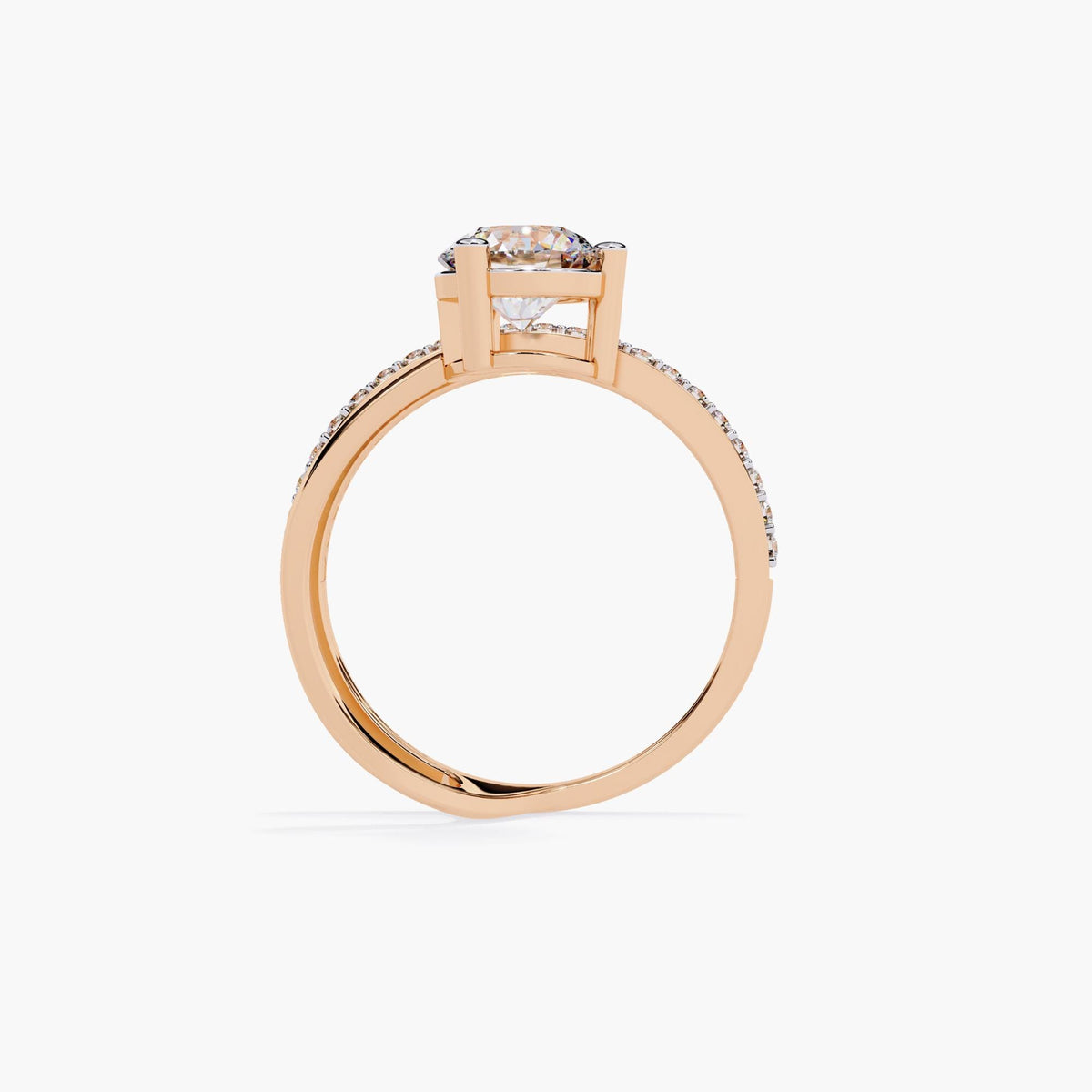 A rose gold engagement ring with a round brilliant cut diamond center stone and a pave diamond band. The band is split and wraps around the center stone.