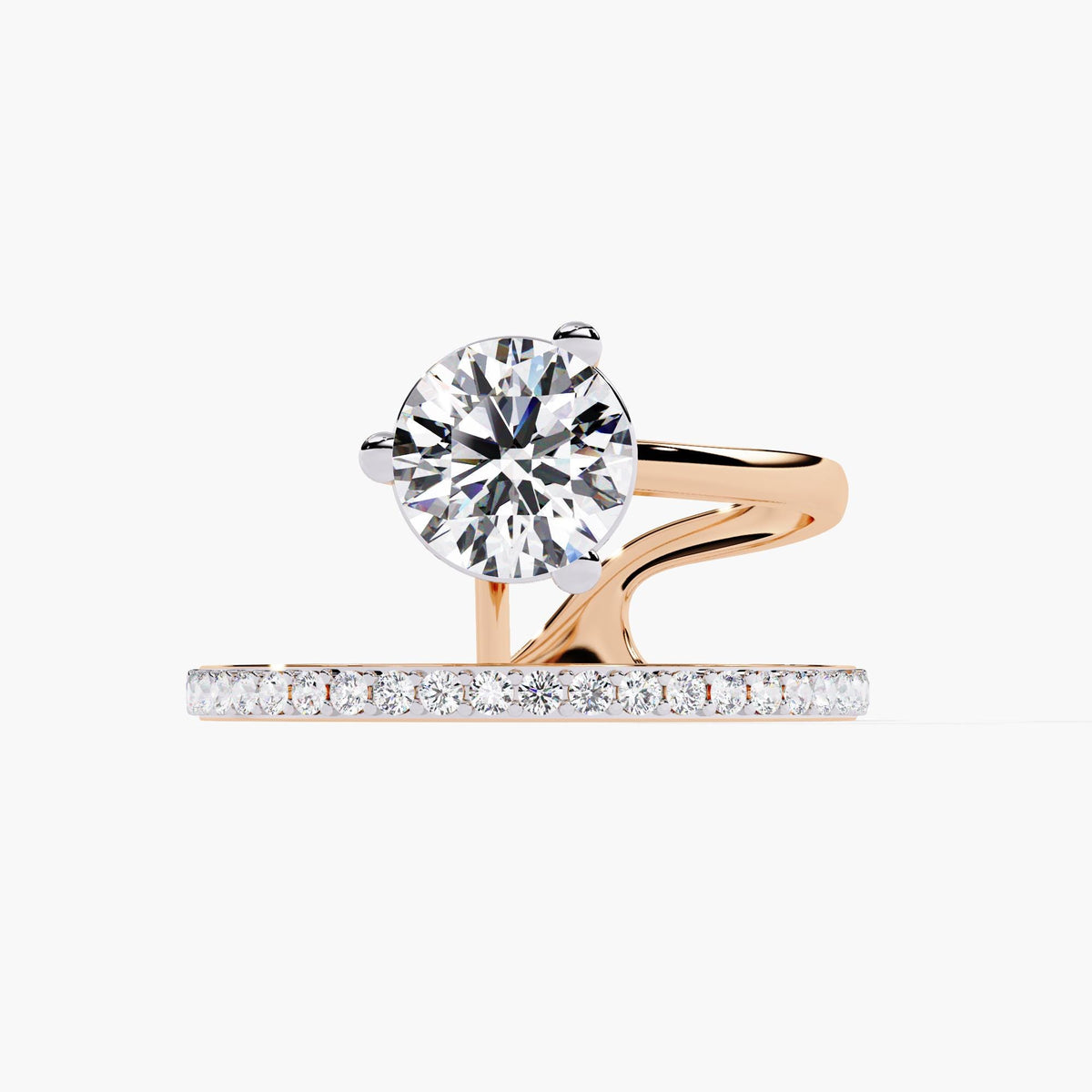 A rose gold engagement ring with a round brilliant cut diamond center stone and a pave diamond band. The band is split and wraps around the center stone.