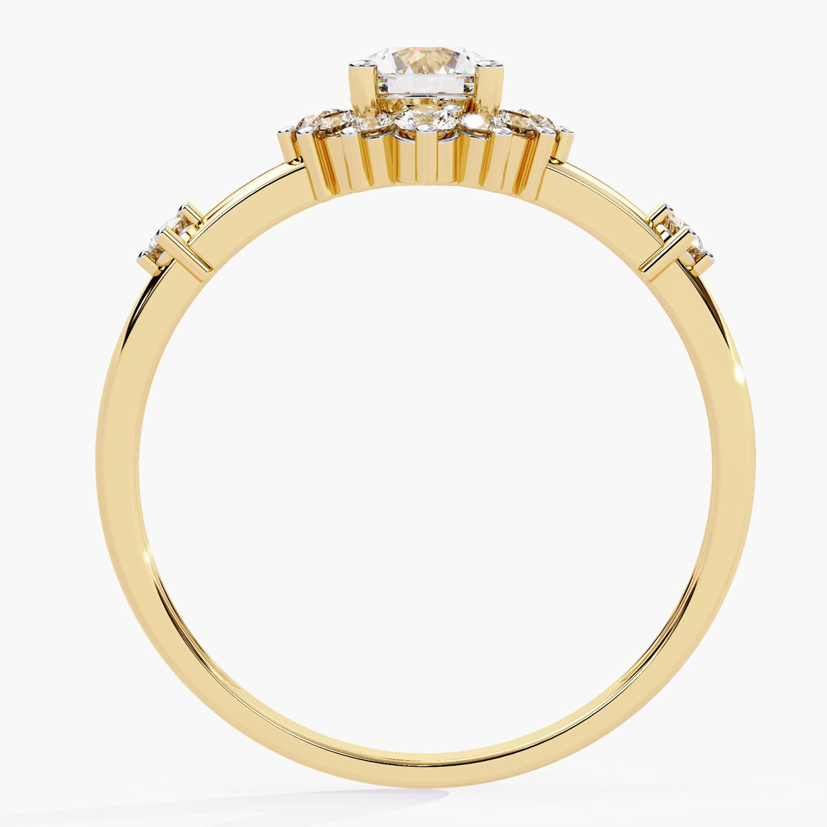 A gold ring with a large, round, clear diamond surrounded by a halo of smaller diamonds.