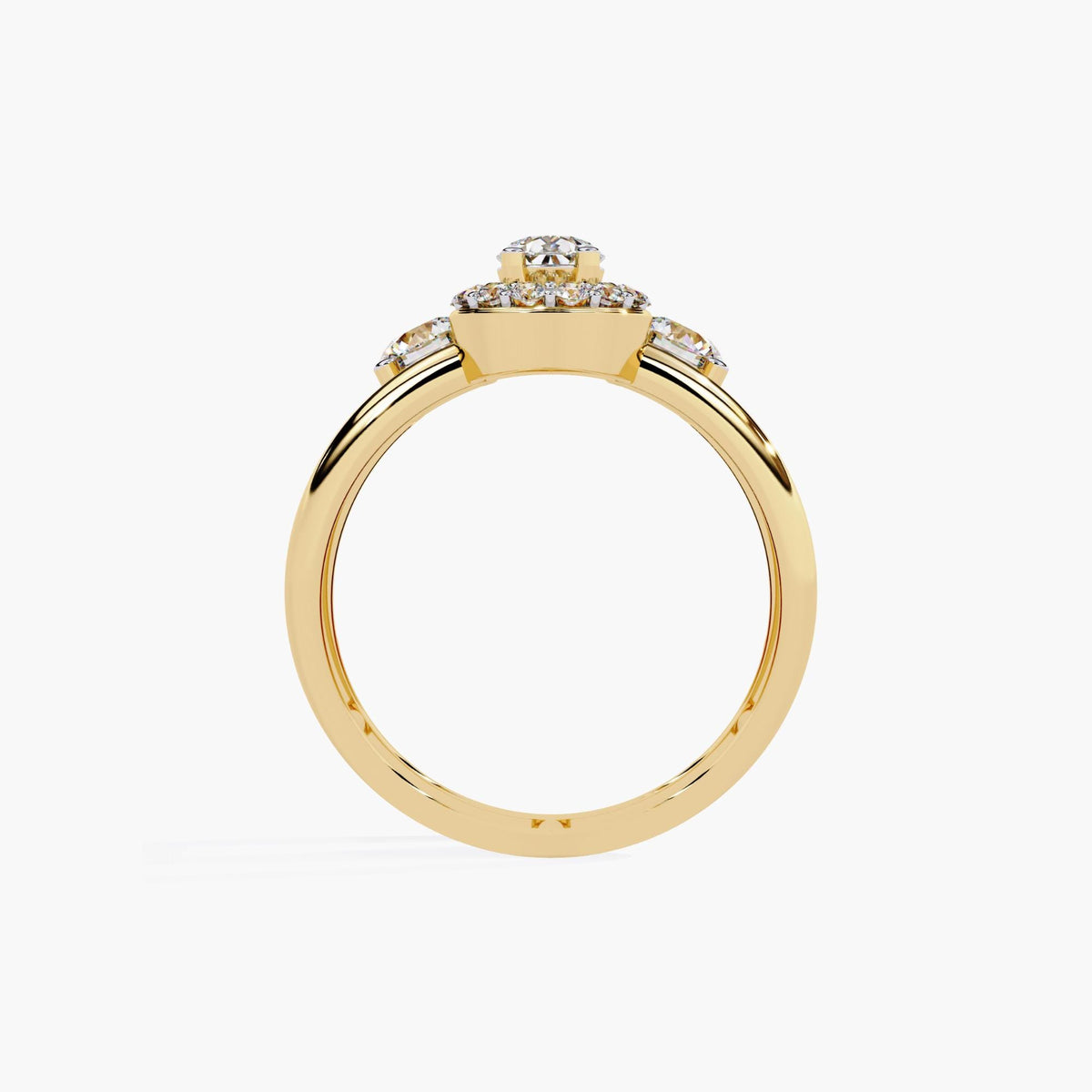 A three stone ring with a large center pear brilliant cut diamond and two smaller round brilliant cut diamonds on either side.