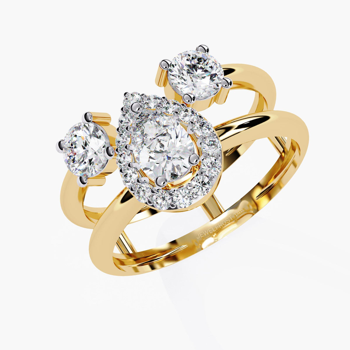 A three stone ring with a large center pear brilliant cut diamond and two smaller round brilliant cut diamonds on either side.