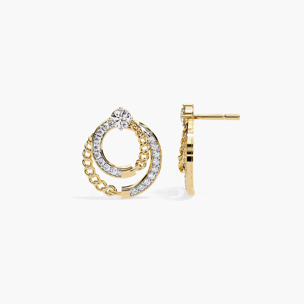 Side view of yellow gold stud earrings with open circle, diamond accents, and chain.