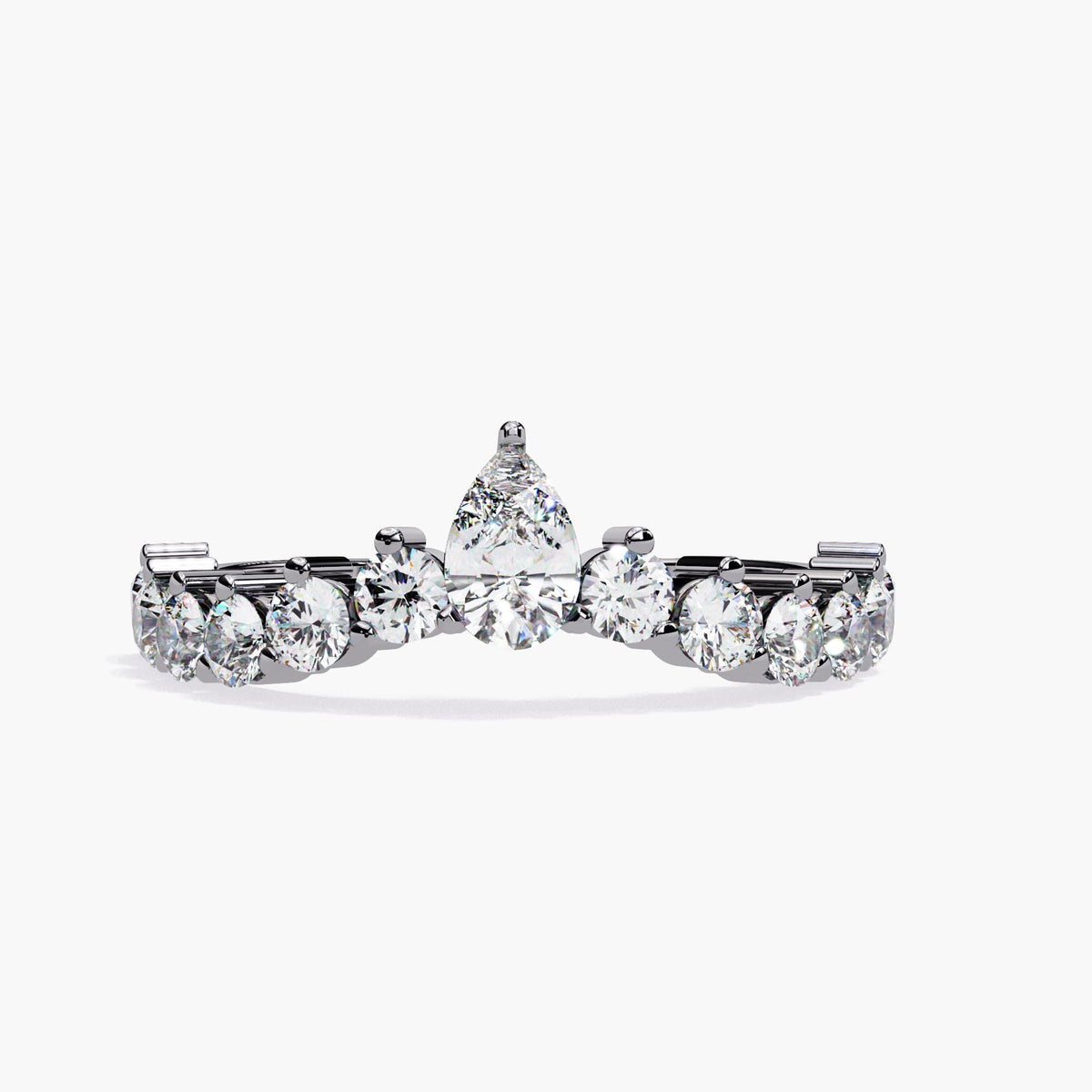 A white gold band with a row of small, clear diamonds set in a curved arch shape.