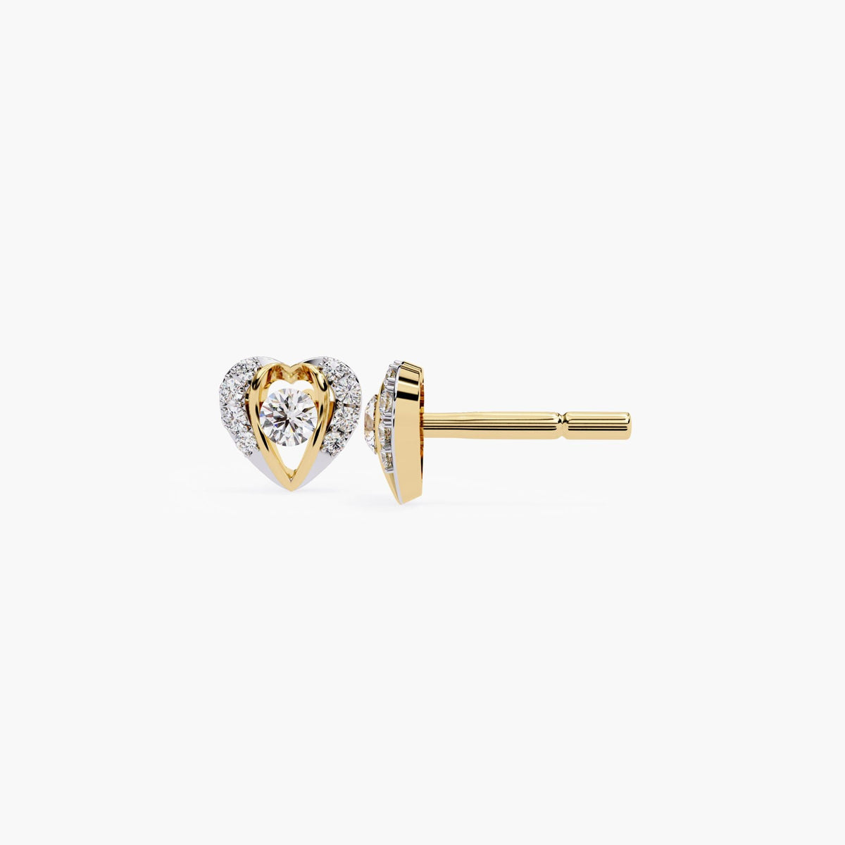 A pair of small heart-shaped earrings featuring a solitaire diamond at the center, surrounded by a pavé diamond setting.
