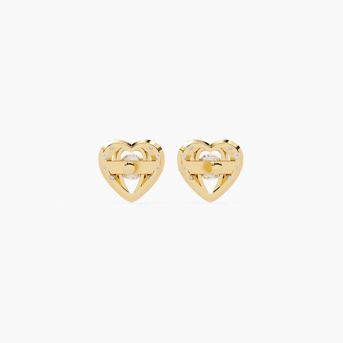 A pair of small heart-shaped earrings featuring a solitaire diamond at the center, surrounded by a pavé diamond setting.