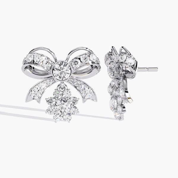 14K Gold Round Natural Diamond Bow Drop Earrings, 2.20 CTW