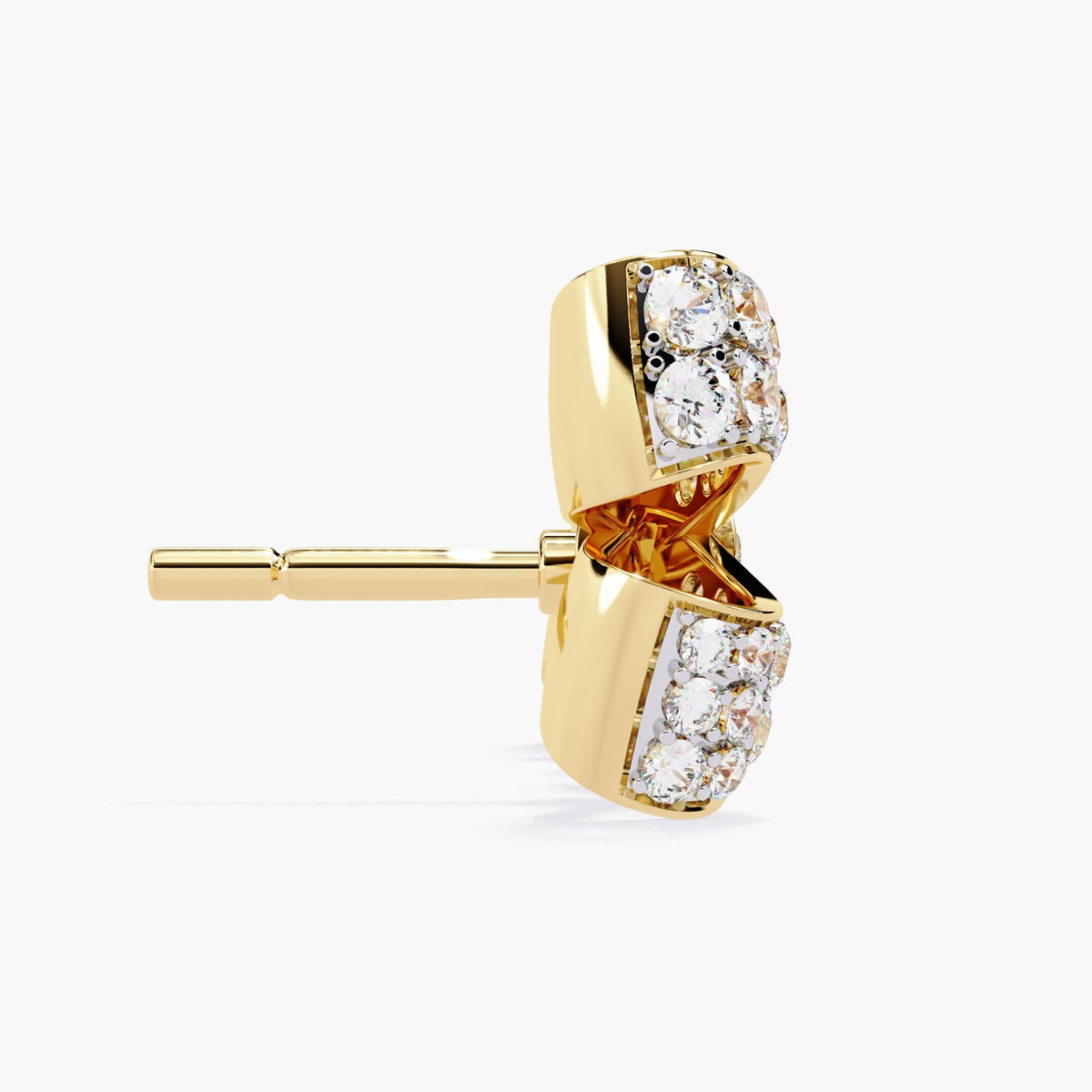A pair of gold earrings with a small bow design made of clear diamonds.