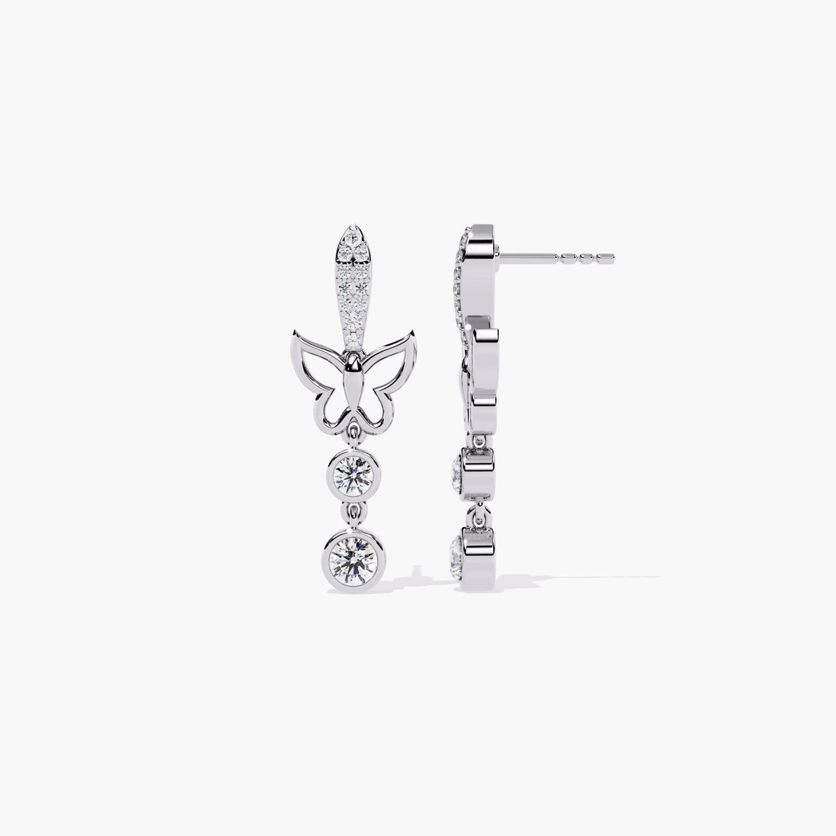 A pair of white gold dangle earrings with a butterfly design and a drop down round cut diamonds.