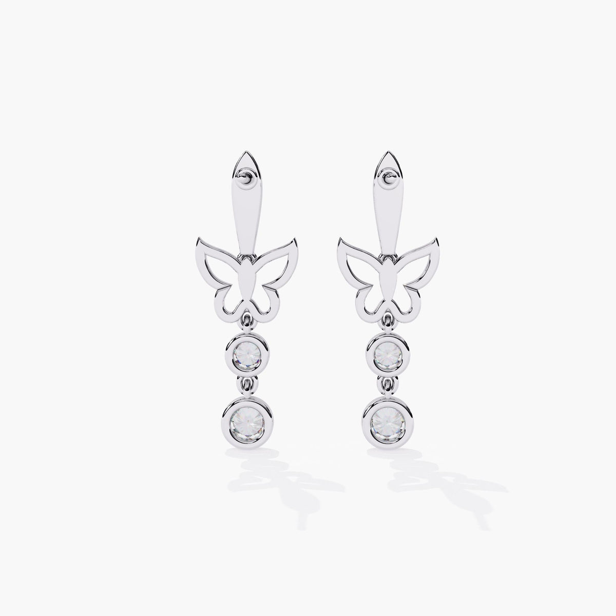 A pair of white gold dangle earrings with a butterfly design and a drop down round cut diamonds.