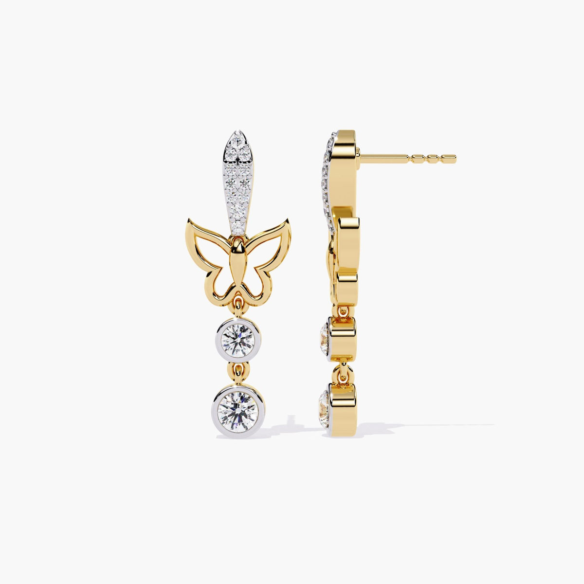 A pair of gold dangle earrings with a butterfly design and a drop down round cut diamonds.