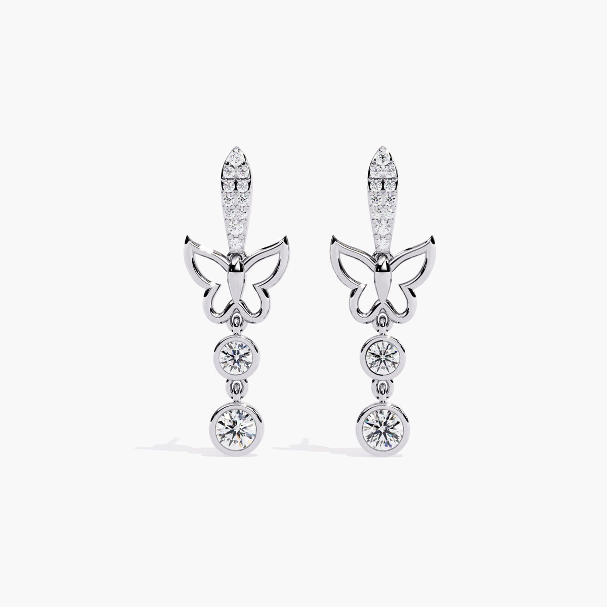 A pair of white gold dangle earrings with a butterfly design and a drop down round cut diamonds.