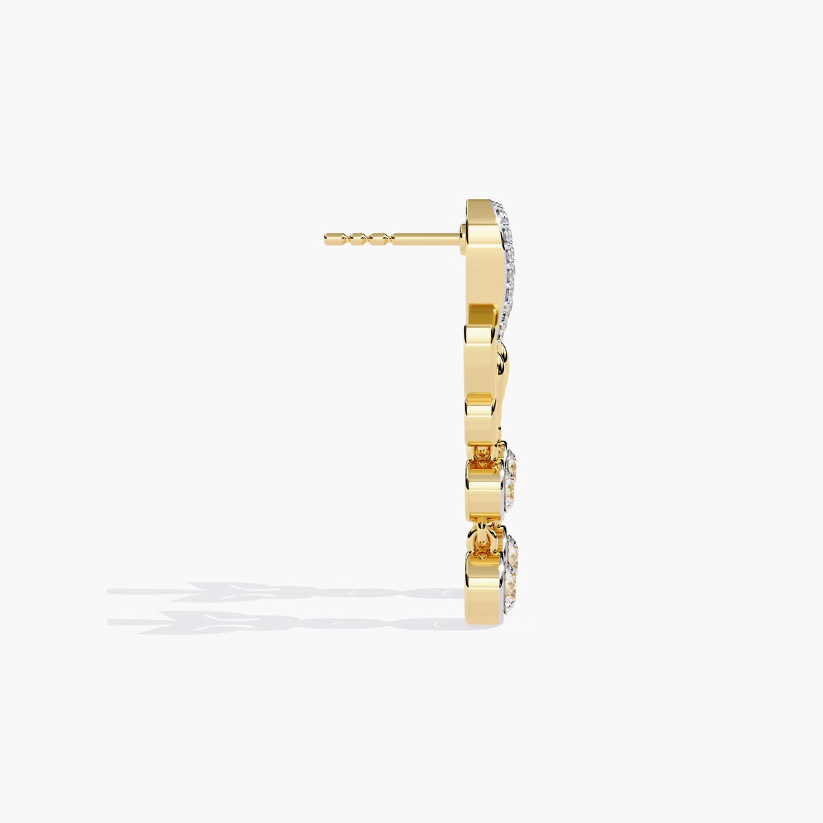A pair of gold dangle earrings with a butterfly design and a drop down round cut diamonds.