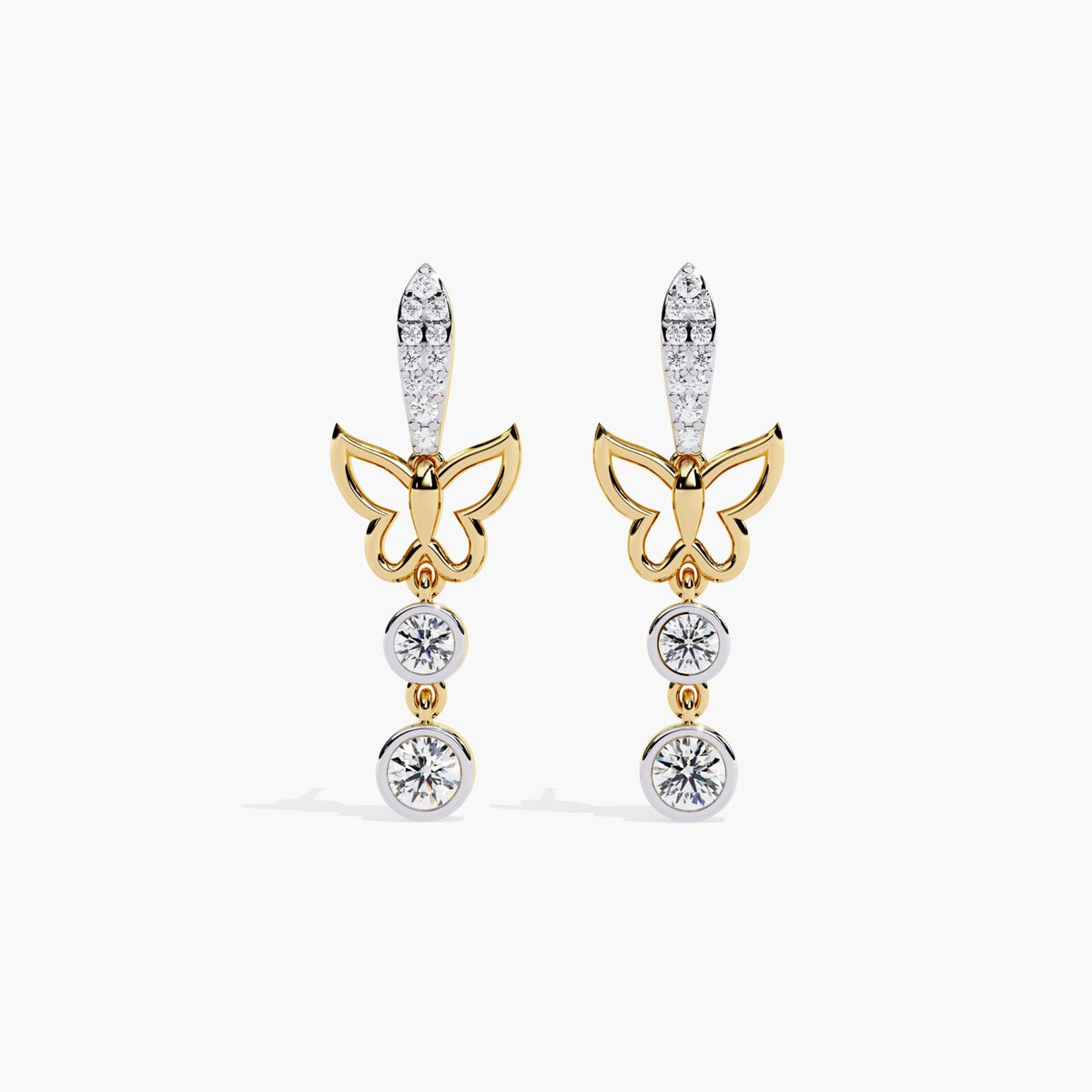 A pair of gold dangle earrings with a butterfly design and a drop down round cut diamonds.
