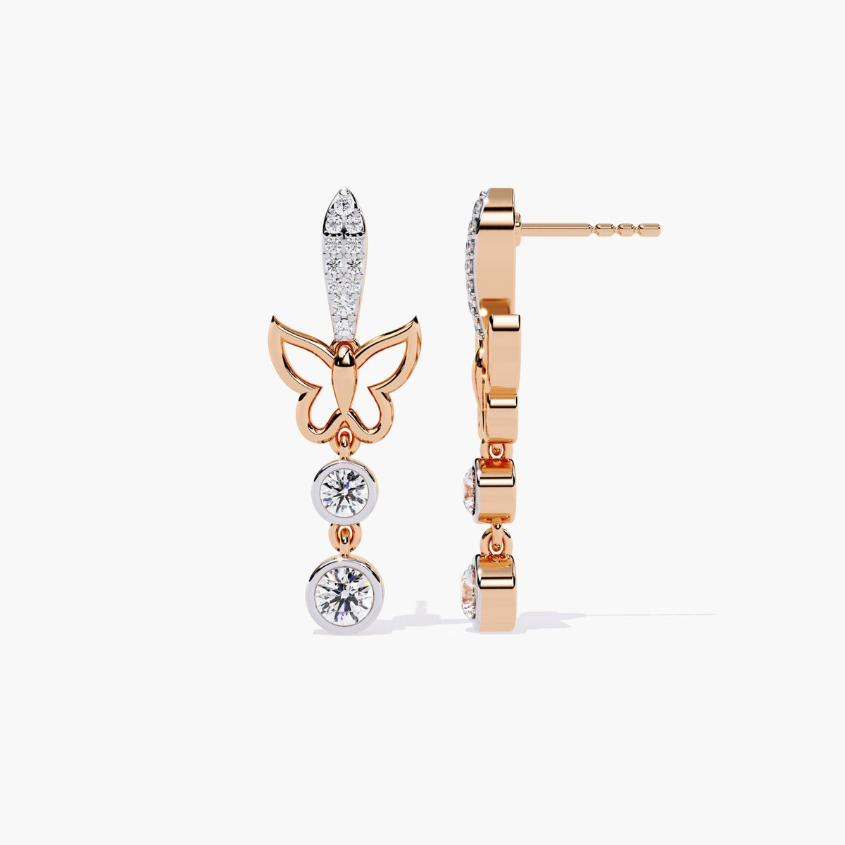 A pair of rose gold dangle earrings with a butterfly design and a drop down round cut diamonds.