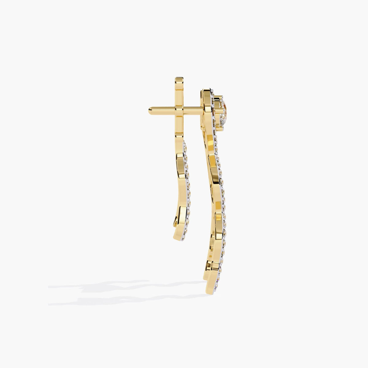 A pair of gold diamond earrings with a spiral design. The earrings are dangling and have a thin, curved shape with small diamonds.