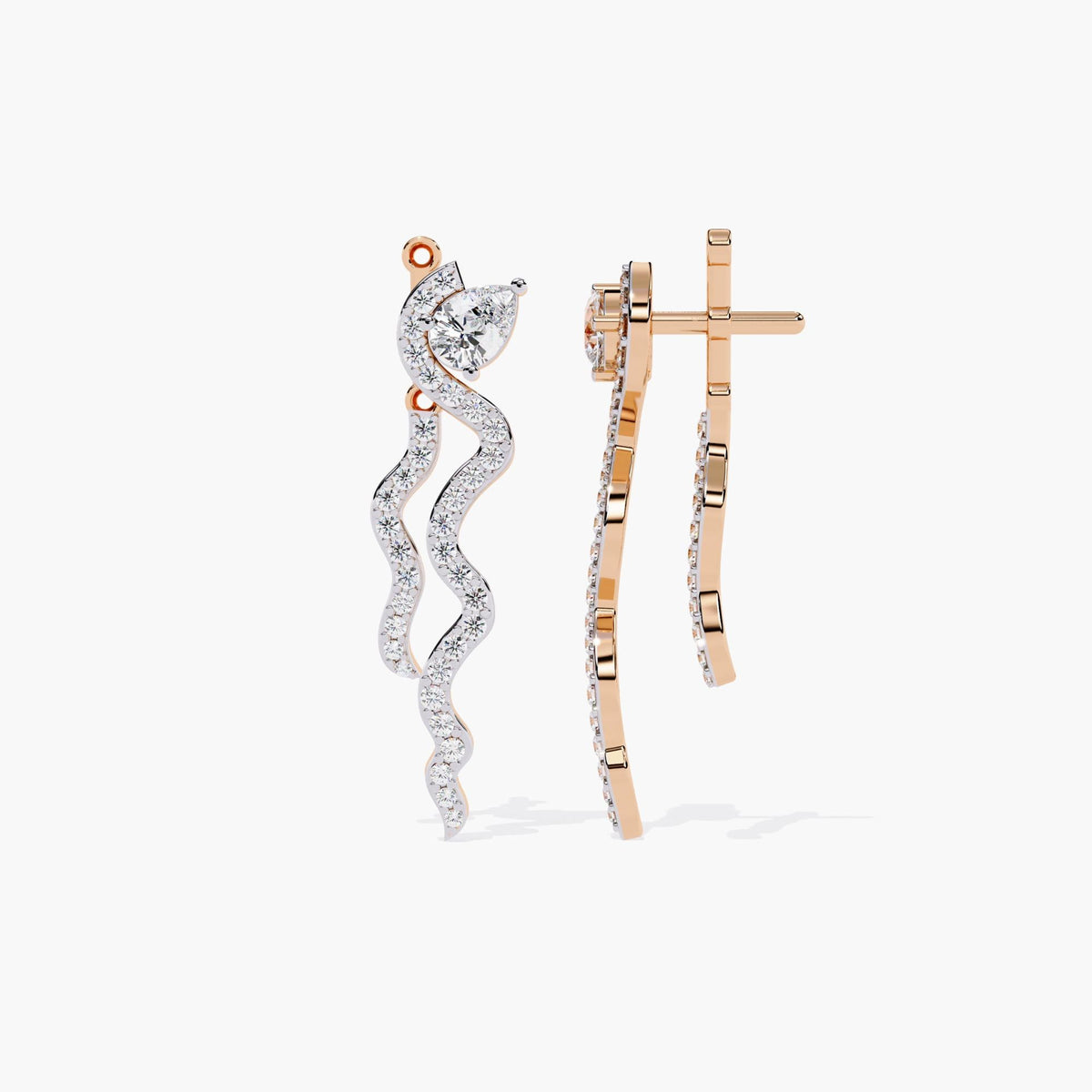 A pair of rose gold diamond earrings with a spiral design. The earrings are dangling and have a thin, curved shape with small diamonds.